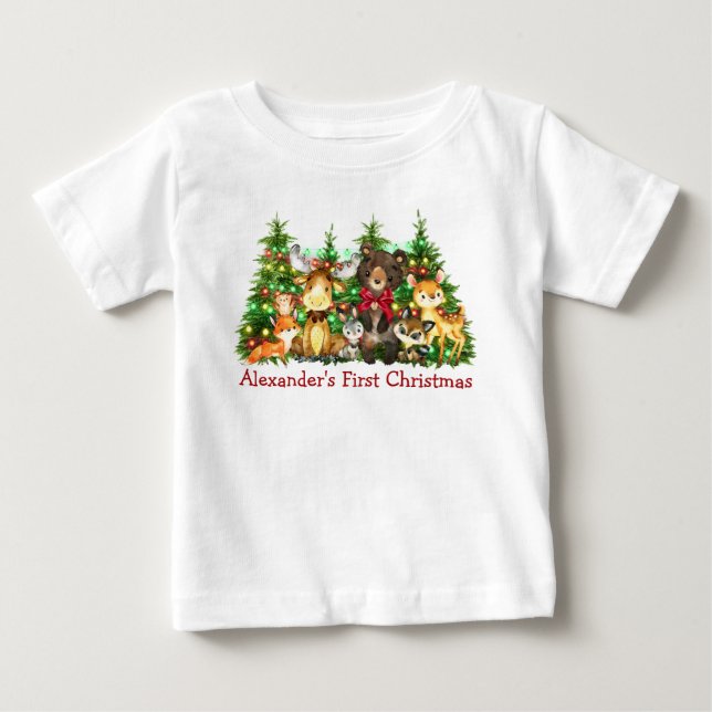 Erste Weihnachtsbeleuchtung Waldtiere Bow Baby T-shirt (Vorderseite)