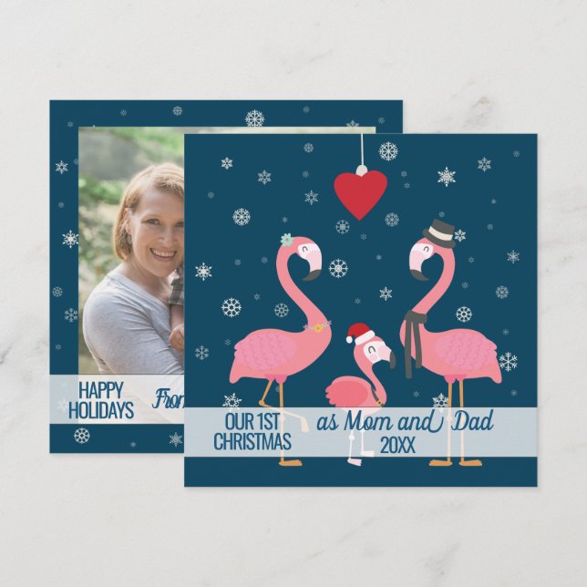 Erste Weihnachtseltern Foto Flamingo Schneeflocken Karte (Vorne/Hinten)