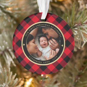Erste Weihnachtseltern Rustikales Kariertes Foto Ornament