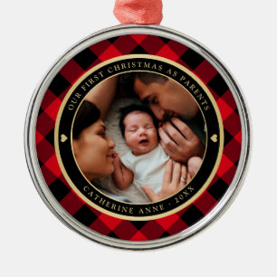 Erste Weihnachtseltern Rustikales Kariertes Foto Ornament Aus Metall