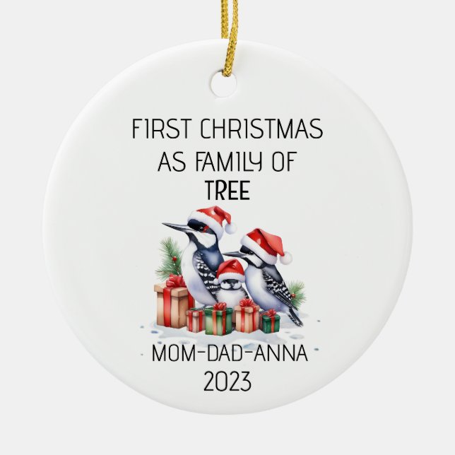Erste Weihnachtsfamilie der Baumspecht Keramik Ornament (Vorne)