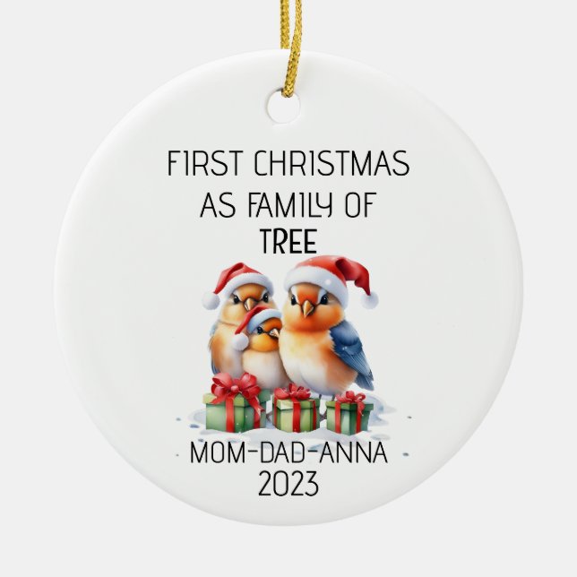 Erste Weihnachtsfamilie der Baumvögel Keramik Ornament (Vorne)