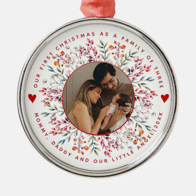 Erste Weihnachtsfamilie von drei Beerengrenzen-Fot Ornament Aus Metall (Vorne)