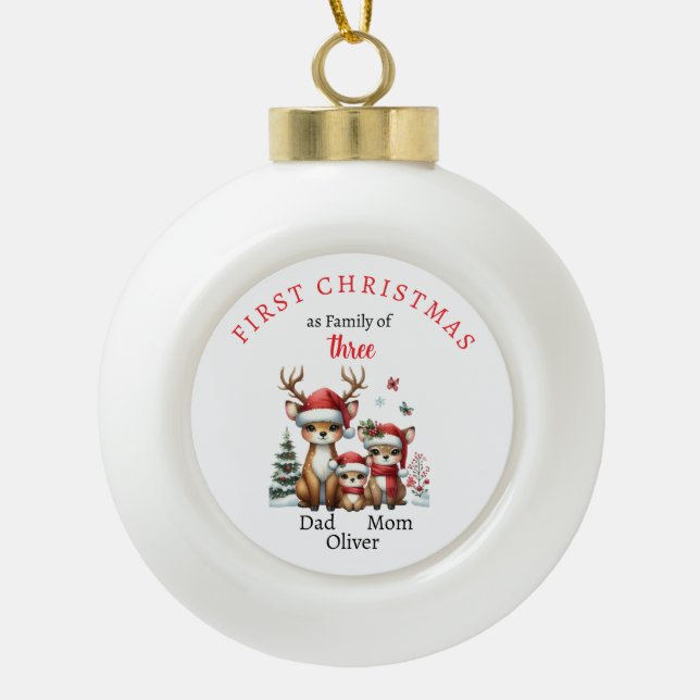 Erste Weihnachtsfamilie von drei Keepake-Fotos Keramik Kugel-Ornament (Vorderseite)