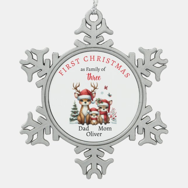 Erste Weihnachtsfamilie von drei Keepake-Fotos Schneeflocken Zinn-Ornament (Vorderseite)