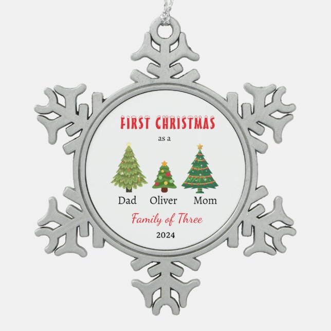 Erste Weihnachtsfamilie von drei Keepake Schneeflocken Zinn-Ornament (Vorderseite)