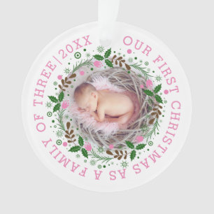 Erste Weihnachtsfamilie von drei Kranken rosa Foto Ornament