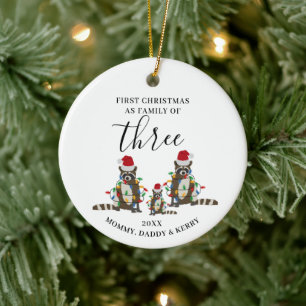 Erste Weihnachtsfamilie von drei Niedlichen Raccoo Keramik Ornament