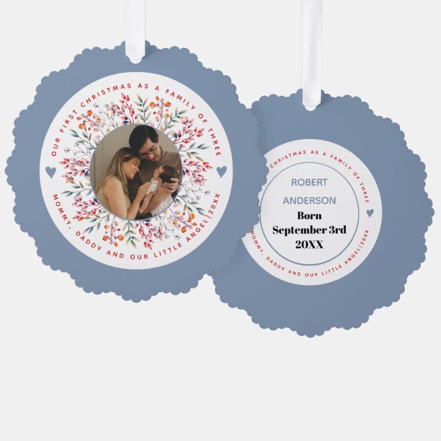 Erste Weihnachtsfamilie von drei staubigen blauen  Ornament Karte (Vorderseite/Rückseite)