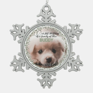 Erste Weihnachtsfamilie von drei Welpen-Fotos Schneeflocken Zinn-Ornament