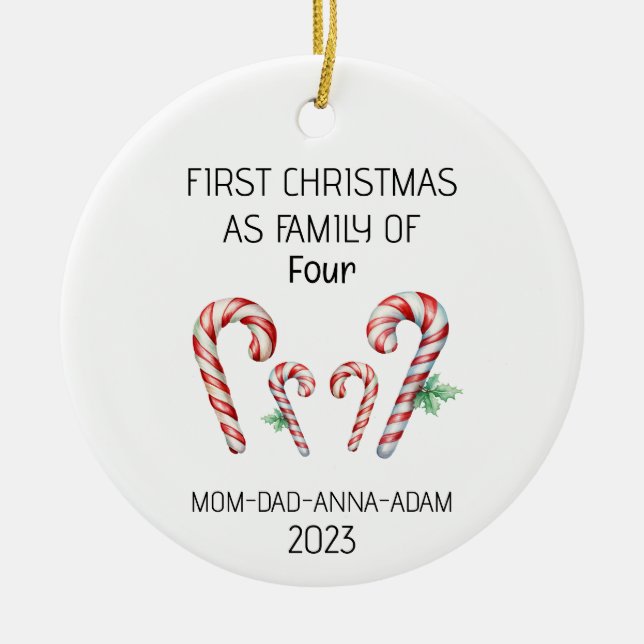 Erste Weihnachtsfamilie von vier Candy Canes Keramik Ornament (Vorne)