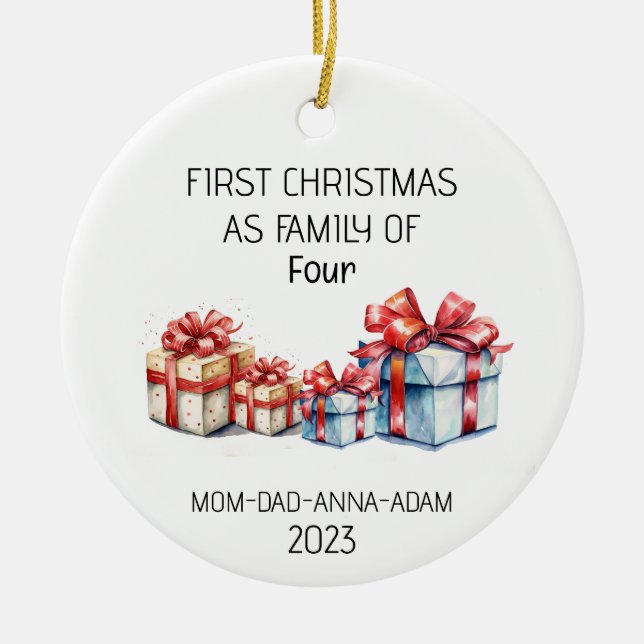 Erste Weihnachtsfamilie von vier Geschenken Keramik Ornament (Vorne)
