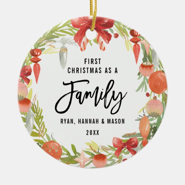 Erste Weihnachtsfeier als Foto Keramik Ornament (Vorne)