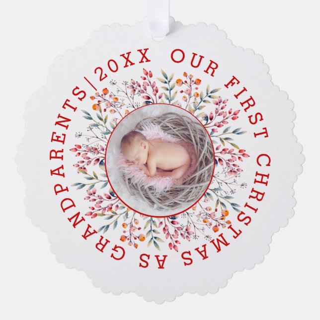 Erste Weihnachtsfeier als Großeltern Beerenhaut Fo Ornament Karte (Vorderseite)