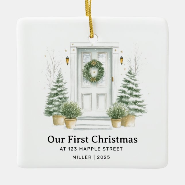 Erste Weihnachtsfeier bei New Address - Sage Door Keramikornament (Vorderseite)