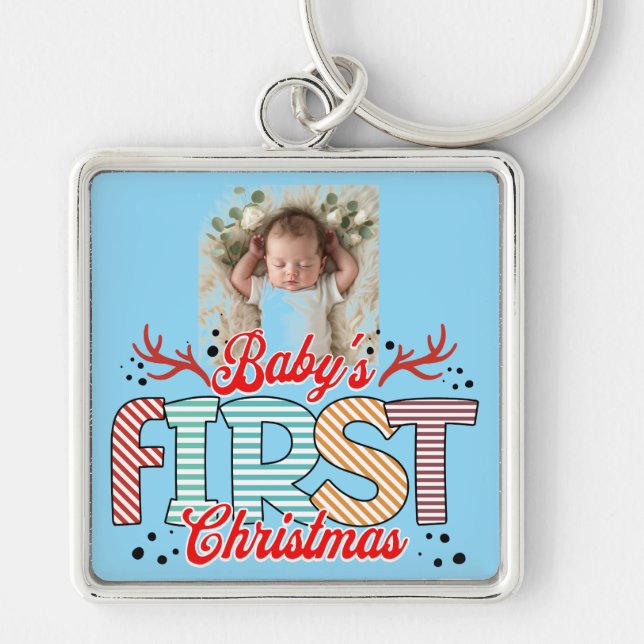 Erste Weihnachtsfeier Foto Rot / Blau personalisie Schlüsselanhänger (Vorne)