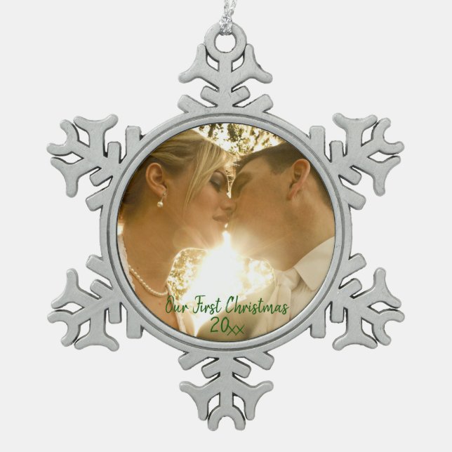 Erste Weihnachtsfeier Foto Snowflake Pewter Chr Schneeflocken Zinn-Ornament (Vorderseite)