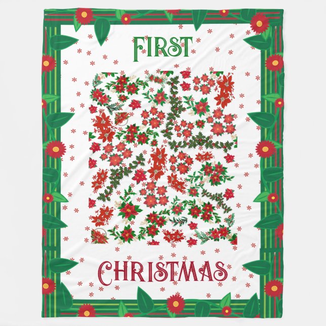 Erste Weihnachtsfeier Holly Poinsettia Floral Wint Fleecedecke (Vorderseite)