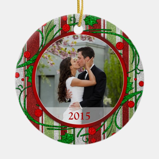 Erste Weihnachtsfeier mit Foto Candy Stripes Keramik Ornament (Vorne)