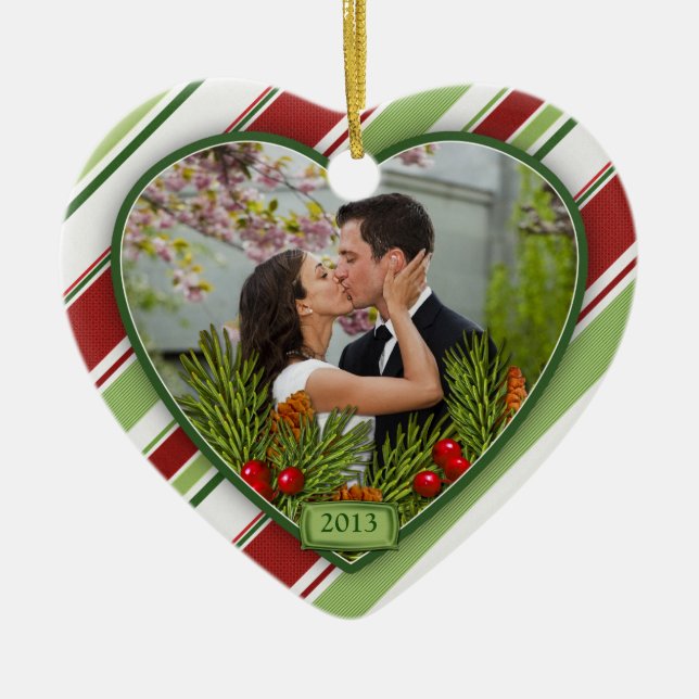 Erste Weihnachtsfeier mit Foto Candy Stripes Keramik Ornament (Vorne)