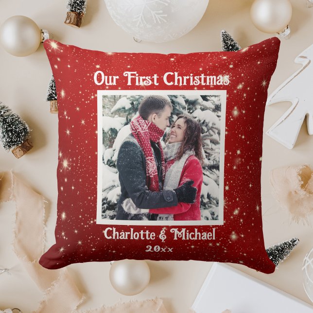 Erste Weihnachtsfeier, Namen hinzufügen Kissen (First Christmas Photo, Add Names Throw Pillow)