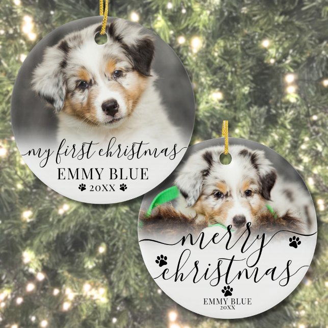Erste Weihnachtsfeier Personalisierter Welpenhund  Keramik Ornament (First Christmas Personalized Puppy Dog Photo Ceramic Ornament )