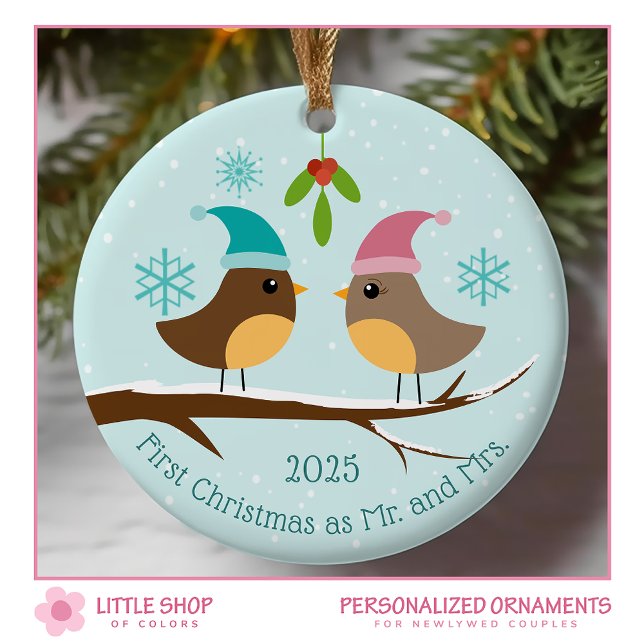 Erste Weihnachtsfeier Verheiratet Love Birds Foto Keramik Ornament (Von Creator hochgeladen)