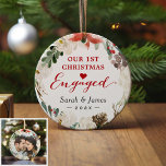 Erste Weihnachtsfeier Verlobter Blumenkranz Foto Keramik Ornament<br><div class="desc">**** Vergessen Sie nicht, Ihr Lieblings-Foto auf die Rückseite hochzuladen. Wenn Sie das Foto nicht platzieren müssen, können Sie es mit dem Designwerkzeug ***** feiern Sie Ihr erstes Weihnachtsfest Verlobt mit diesem Foto von Poinsettia Blumenreath. Dieses anmutige Design ergänzt das Foto und den Text, die für einen festlichen Akzent in...</div>