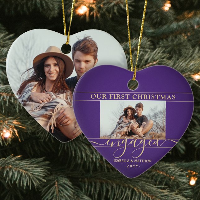 Erste Weihnachtsfeier Verlobtes Lila & Gold Foto H Keramik Ornament (Von Creator hochgeladen)