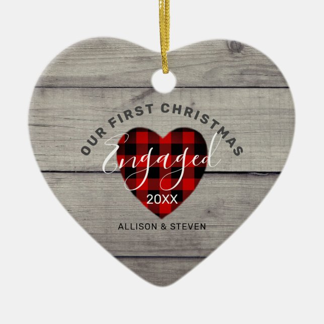 Erste Weihnachtsfeier Verlobtes rustikales Herz in Keramik Ornament (Vorne)