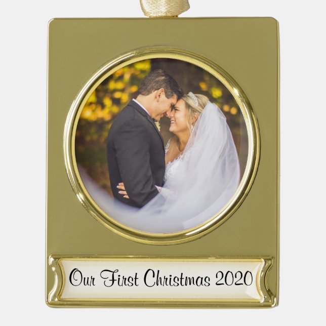 Erste Weihnachtsfeier zusammen Hochzeitsbrücke Banner-Ornament Gold (Vorderseite)