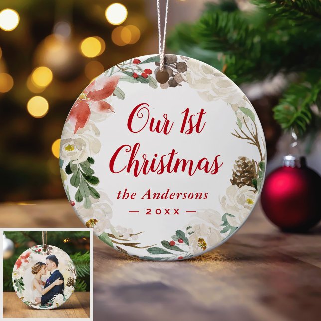 Erste Weihnachtsferien Elfenbeinblumenkruste Foto Keramik Ornament (Sample)