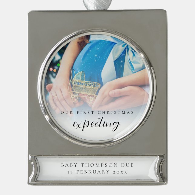 Erste Weihnachtsferien mit Foto-Overlay-Mutterscha Banner-Ornament Silber (Vorderseite)