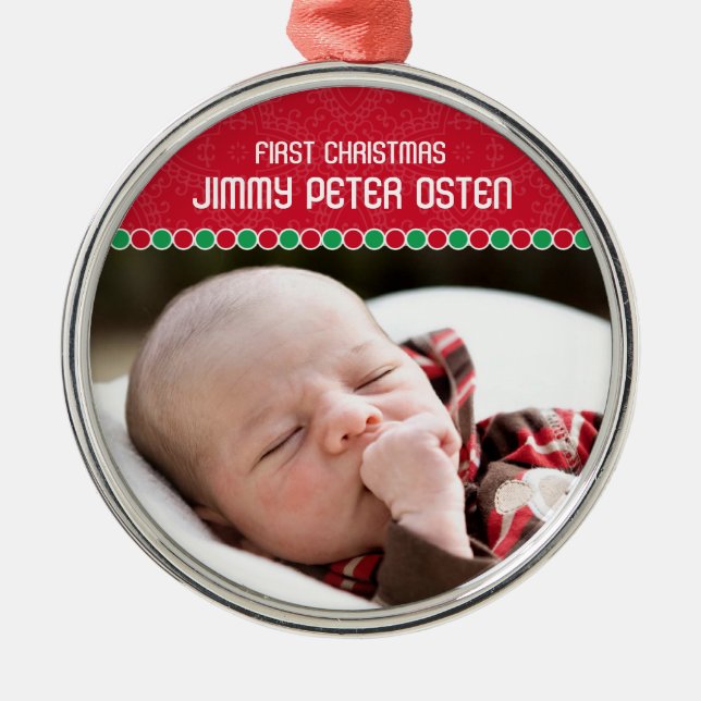 Erste WeihnachtsFoto-Verzierung Silbernes Ornament (Vorne)