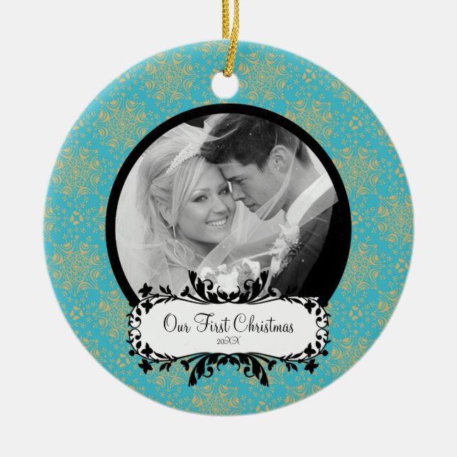Erste WeihnachtsFoto-Verzierungs-elegante Keramikornament (Vorne)