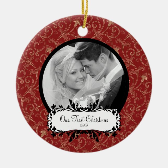 Erste WeihnachtsFoto-Verzierungs-eleganter Wirbel Keramik Ornament (Vorne)