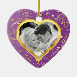 Erste WeihnachtsFoto-Verzierungs-Goldherz-Magenta Keramik Ornament