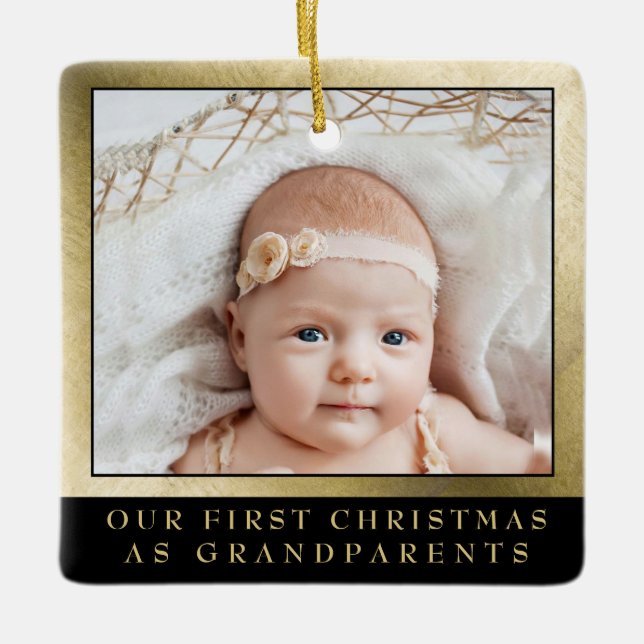 Erste Weihnachtsgroßeltern Gold Black Foto Keramikornament (Vorderseite)