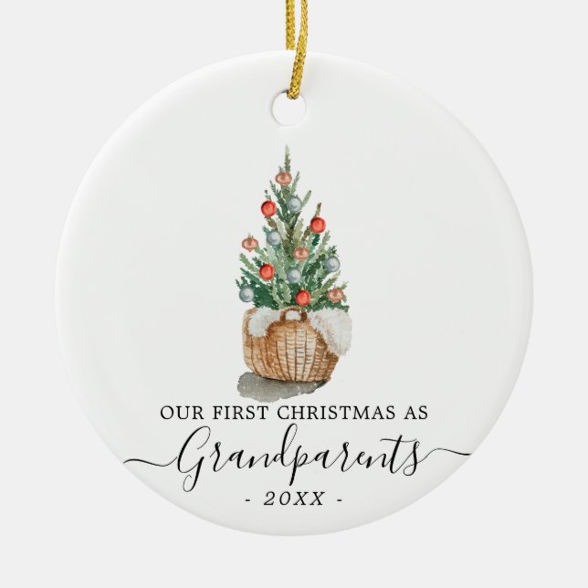 Erste Weihnachtsgroßeltern mit Foto und Baum Keramik Ornament (Vorne)