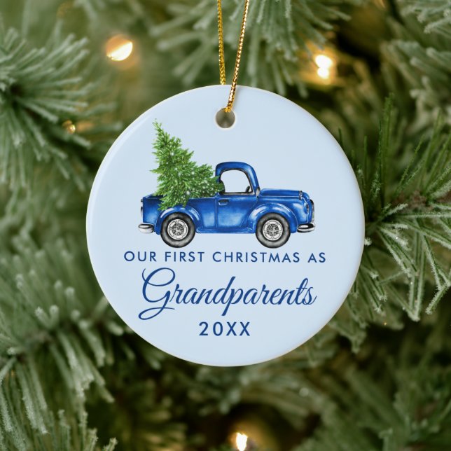 Erste Weihnachtsgroßeltern Vintag Blue Truck Keramik Ornament (Baum)