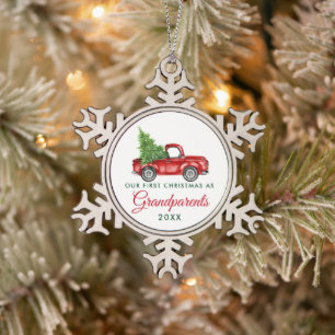 Erste Weihnachtsgroßeltern Vintag Red Truck Schneeflocken Zinn-Ornament