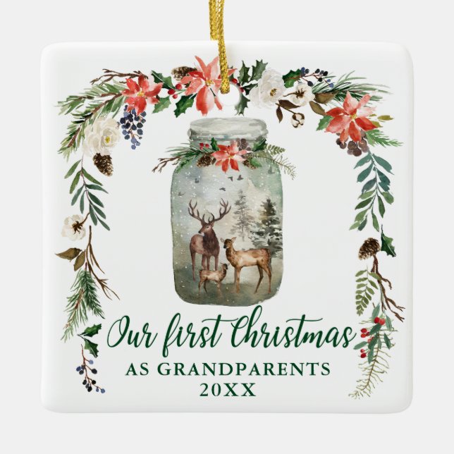 Erste Weihnachtsgroßeltern Winterhirsche Familie Keramikornament (Vorderseite)