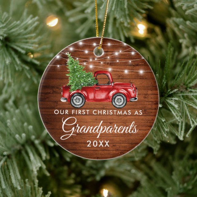 Erste Weihnachtsgroßeltern Woodruck Lights Keramik Ornament (Baum)