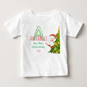 Erste Weihnachtsgrün Rot Editable Monogramm Baby T-shirt