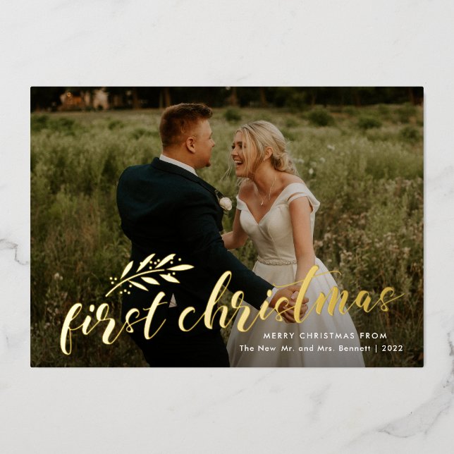 Erste Weihnachtshandschrift Hochzeitsgold Foto Folieneinladung (Vorderseite)