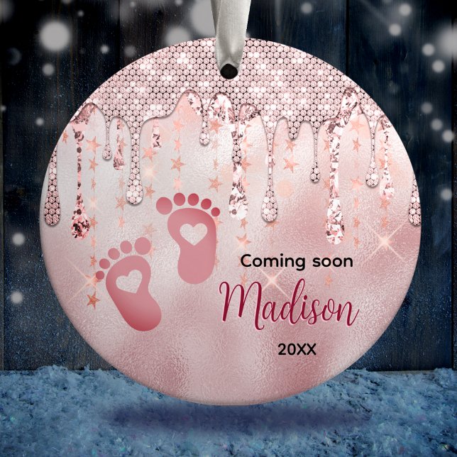 Erste Weihnachtsjause Rose Erröten Glitzer Tropfen Keramik Ornament (Von Creator hochgeladen)