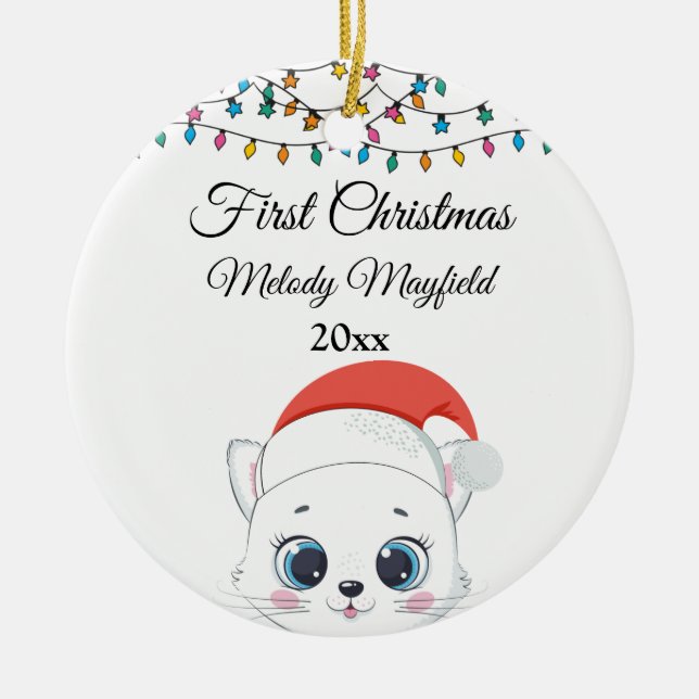 Erste Weihnachtsjunge Mädchen Niedliche Katze 2023 Keramik Ornament (Vorne)
