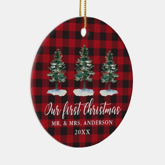 Erste Weihnachtskalligrafie Pines Kariertes FOTO B Keramik Ornament (Rechts)