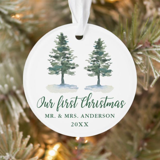 Erste Weihnachtskalligrafie Wasserfarbe Zwei Pinie Ornament (Baum)