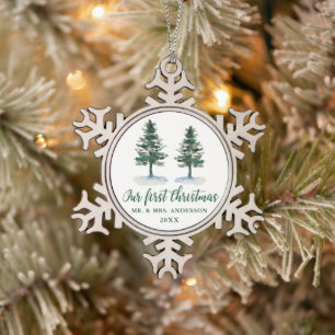 Erste Weihnachtskalligrafie Wasserfarbe Zwei Pinie Schneeflocken Zinn-Ornament